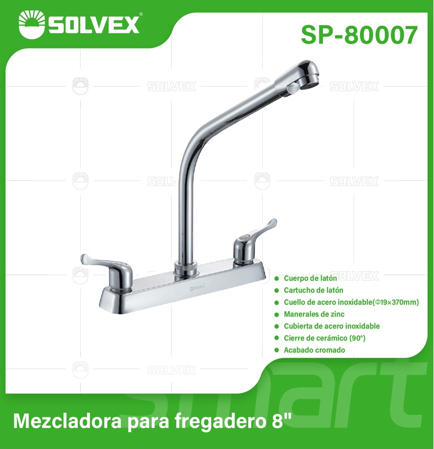 Llave Mezcladora 8" Para fregador de Cocina. Grifo pluma de latón con manerales de zinc y tubo de acero inoxidable.