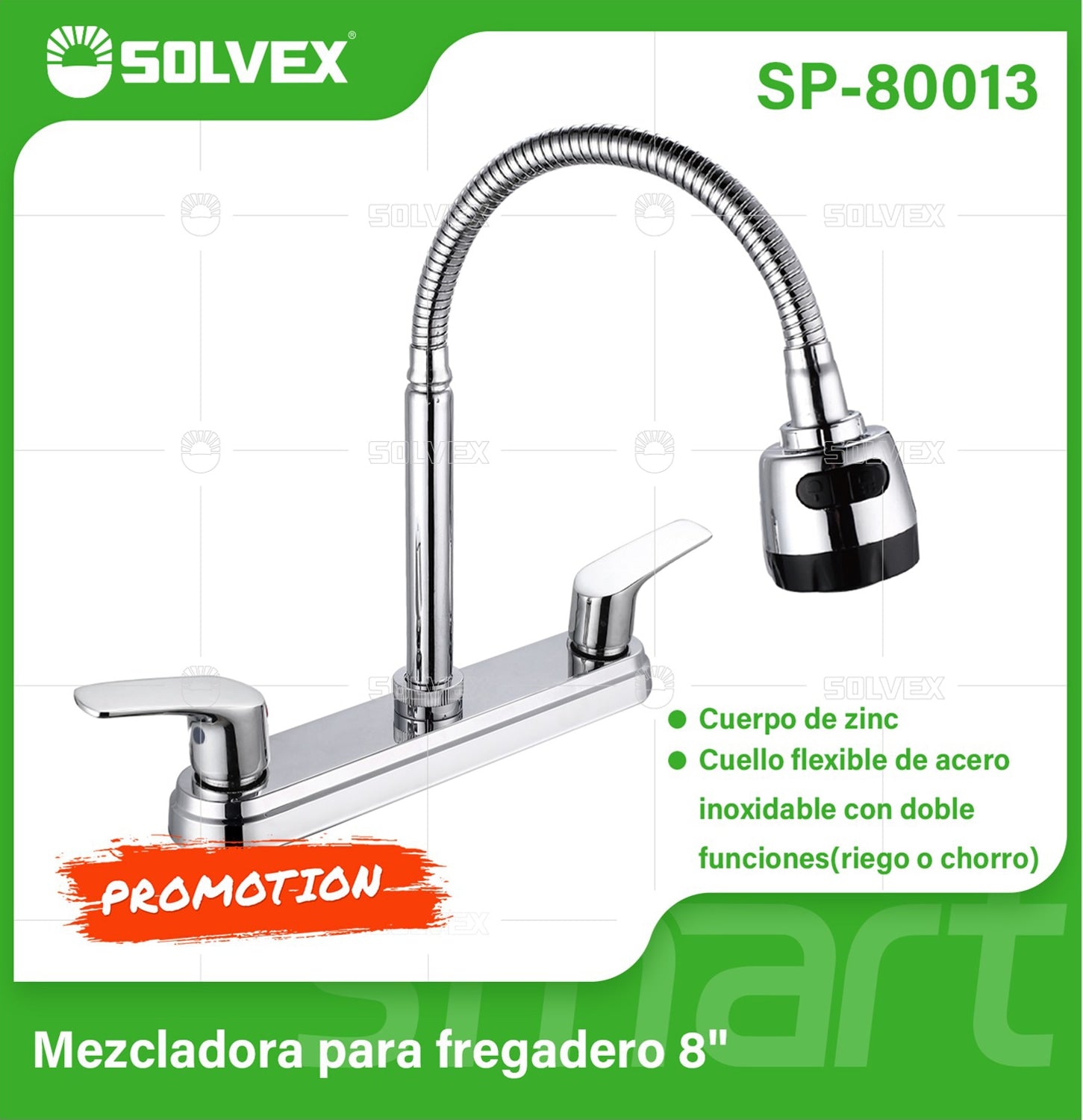 Grifo para fregador de Cocina 8". Pluma con Cuello Flexible de Acero Inoxidable y Doble Función (Riego o Chorro).