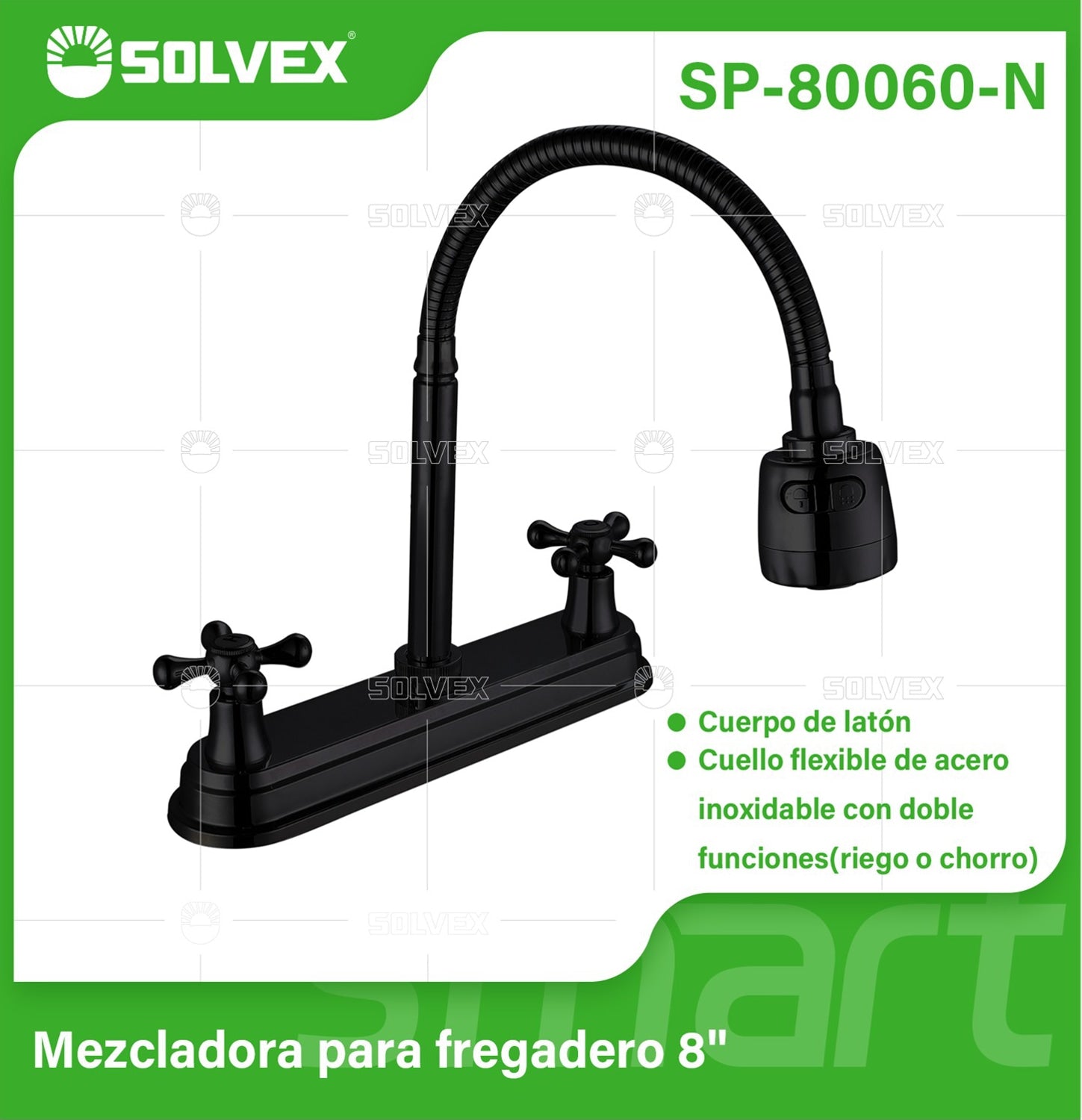 Grifo para fregador con Pluma Flexible de 8" en Acabado Negro Mate. Llave Doble Función Riego o Chorro.