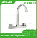 Grifo para fregador 8" con Pluma Alta Acabado Satinado de Latón y Acero Inoxidable.