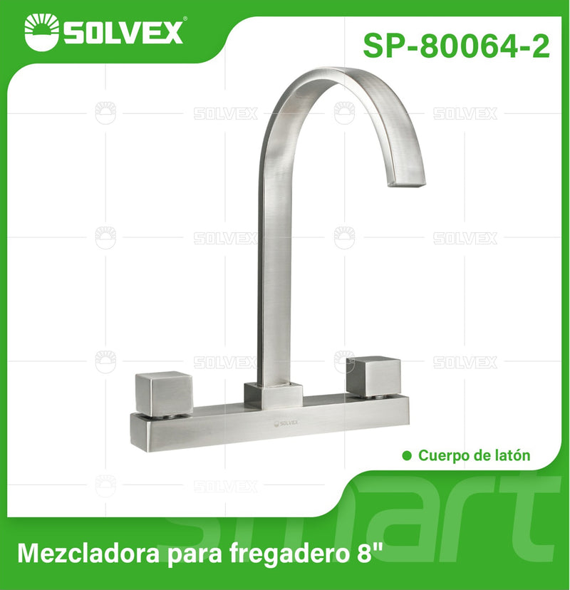 Grifo para fregador 8" con Pluma Alta Acabado Satinado de Latón y Acero Inoxidable.