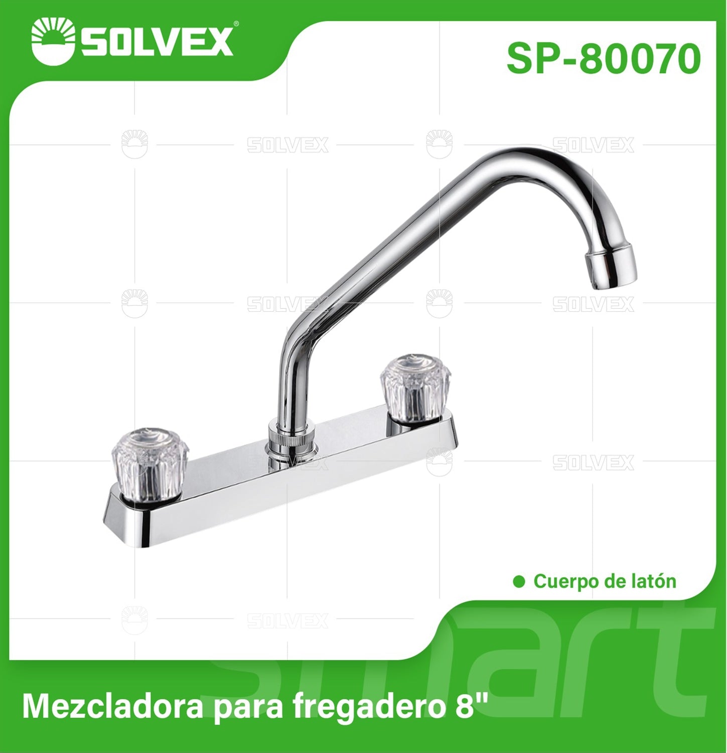 Grifo para fregador 8" con pluma giratoria de latón cromado brillante y asas acrílicas duraderas.
