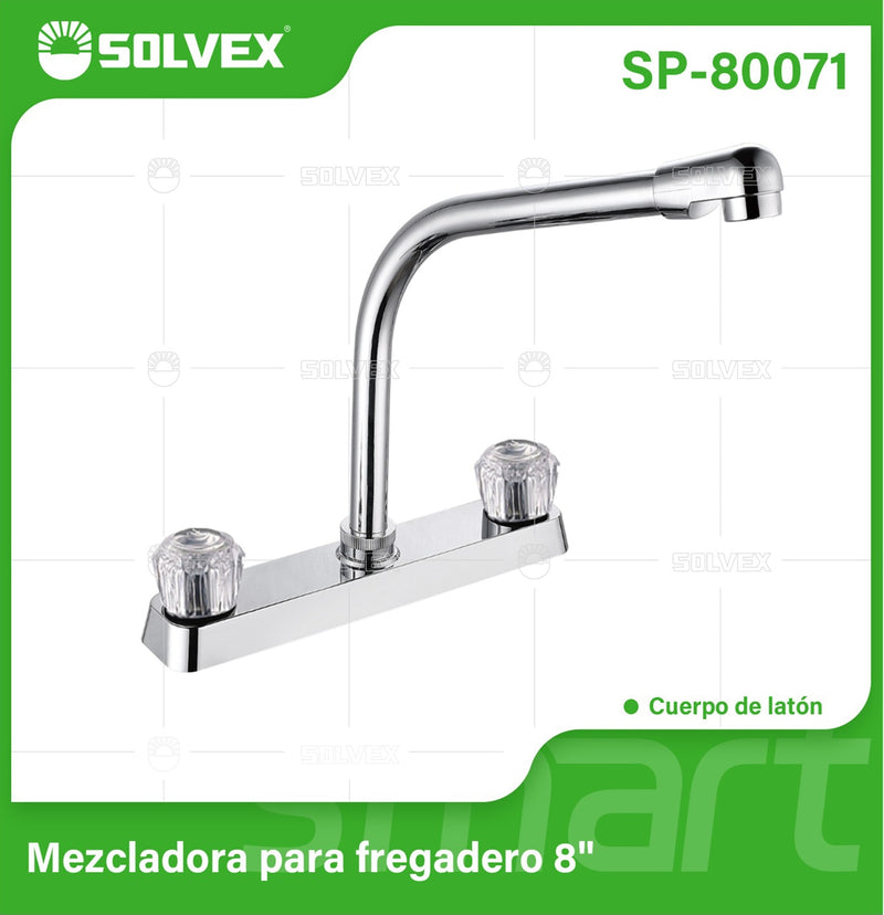 Llave para fregador de Cocina 8" Latón Cromado. Grifo de Giro Completo con Pluma Alta y Asas Acrílicas.