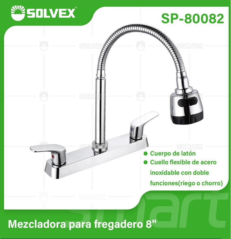 Llave para fregador de Cocina 8'' Flexible de Latón Cromado. Grifo con Pluma de Acero Inoxidable y Doble Función.