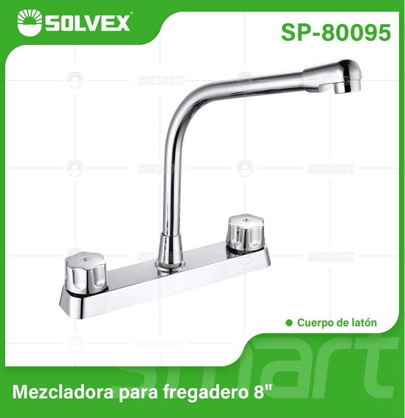 Llave para fregador de Cocina 8" Latón Cromado. Grifo de Giro Completo con Pluma Alta y Manijas de Zinc.