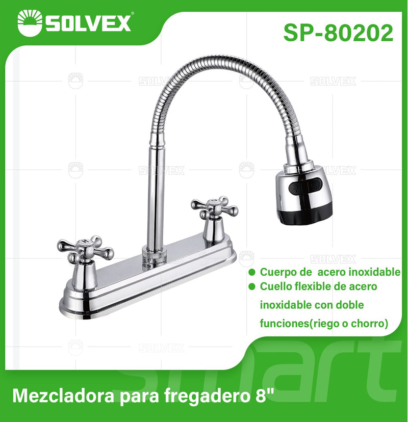 Llave para fregador de Cocina 8" Acero Inoxidable Cromado. Grifo Flexible con Pluma de Doble Función y Manijas Cruz.
