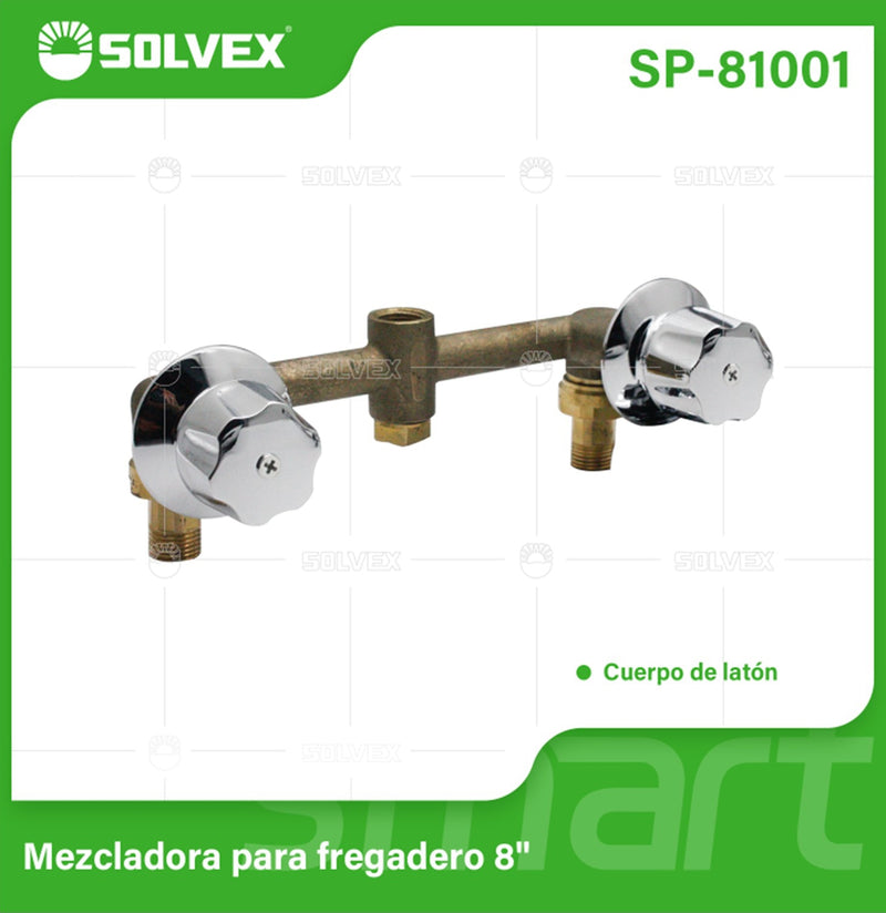 Llave Mezcladora Para fregador De 8" De Latón Con Manerales Cromados.