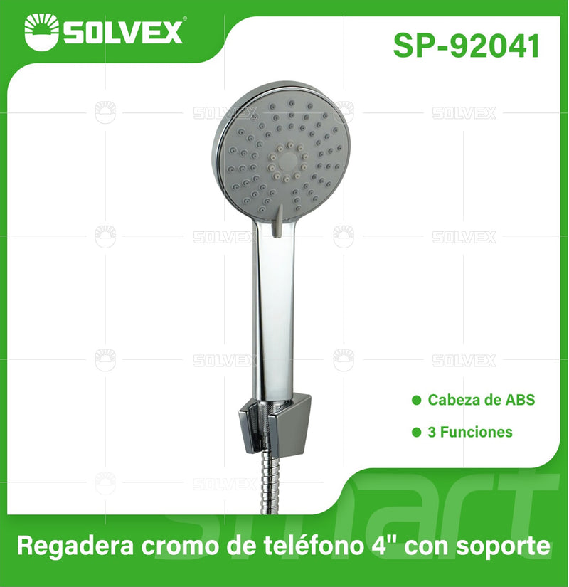 Regadera Tipo Teléfono de 4” con Soporte. 3 Funciones de Rociado y Acabado Cromado Brillante.