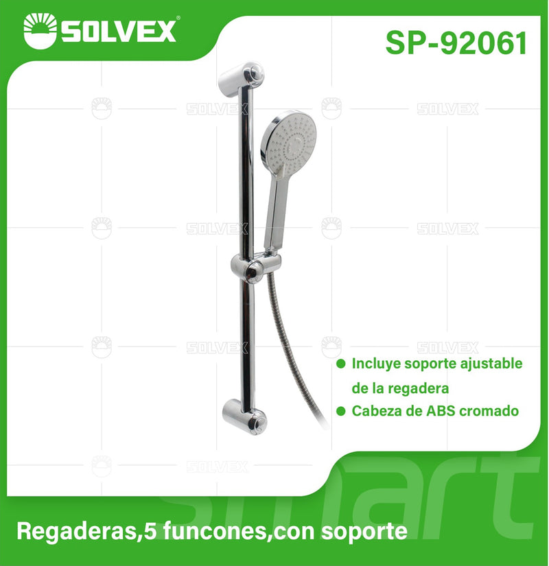 Ducha Tipo Teléfono de 5 Funciones. Regadera de manocon Soporte Ajustable y Manguera de 1.5m. Cabezal ABS Cromado.