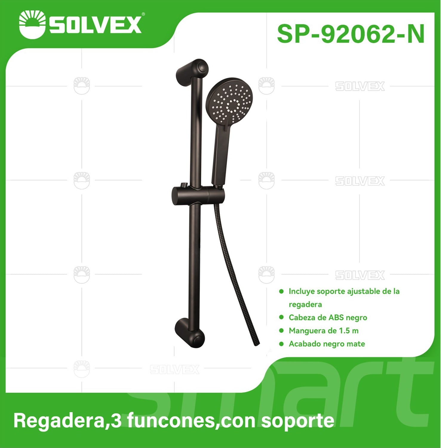 Regadera de Mano. Ducha Tipo Teléfono con 3 Funciones y Soporte Ajustable. Diseño Moderno con Acabado Negro Mate.