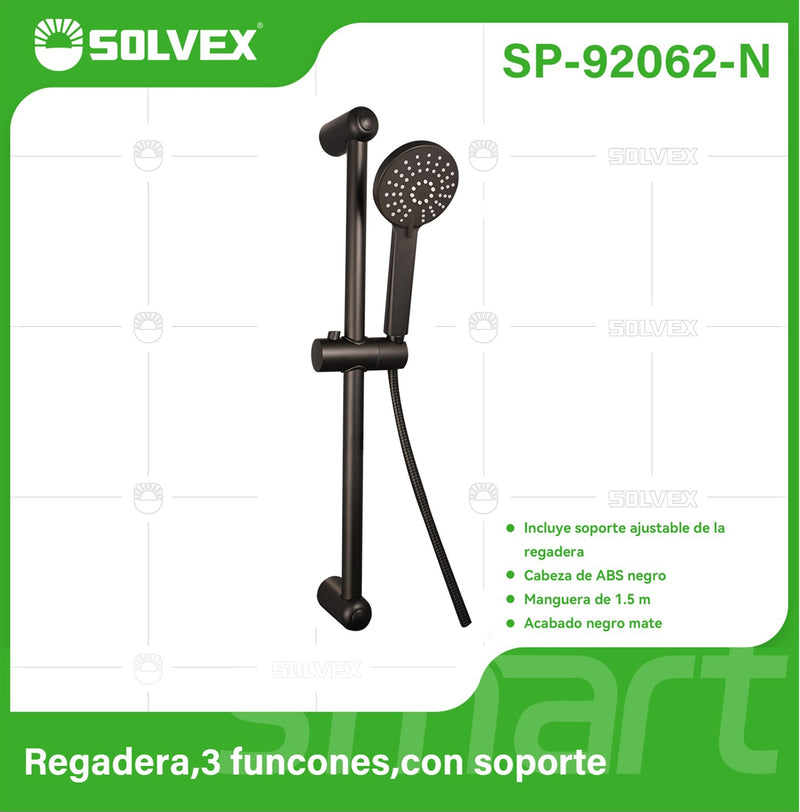 Regadera de Mano. Ducha Tipo Teléfono con 3 Funciones y Soporte Ajustable. Diseño Moderno con Acabado Negro Mate.