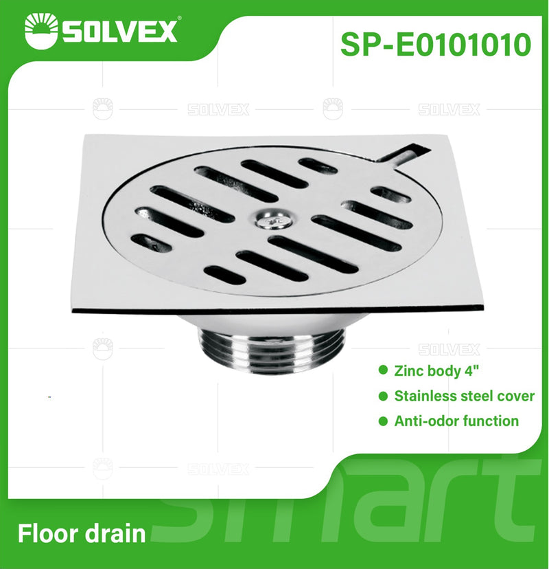 Drenaje De Piso Cuadrado 4". Desagüe Cromado Brillante con Función Antiolor.
