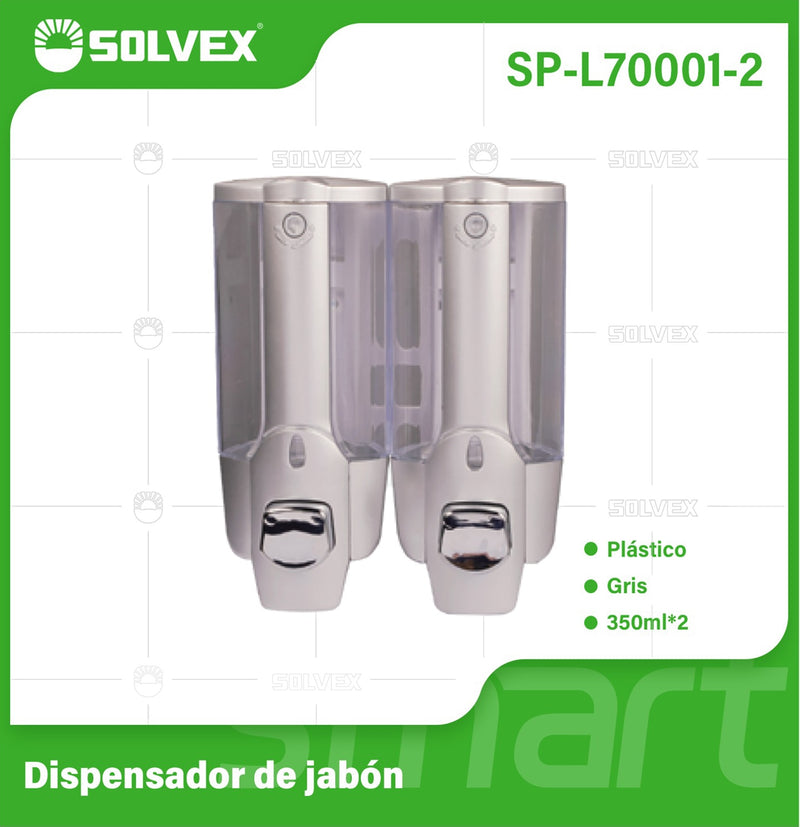 Dispensador de Jabón líquido Doble 2x350ml Gris de Pared. Plástico Resistente para Baño, Cocina, Shampoo y Gel Antibacterial.