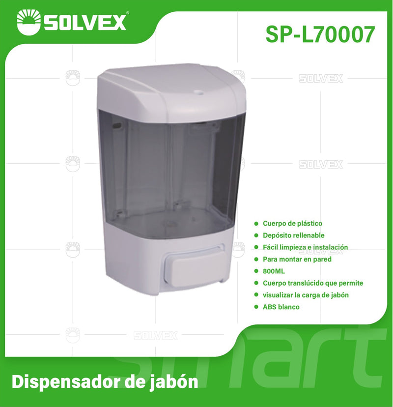 Dispensador de Jabón Líquido de Pared 800ml. Color Blanco con Cuerpo Translúcido.