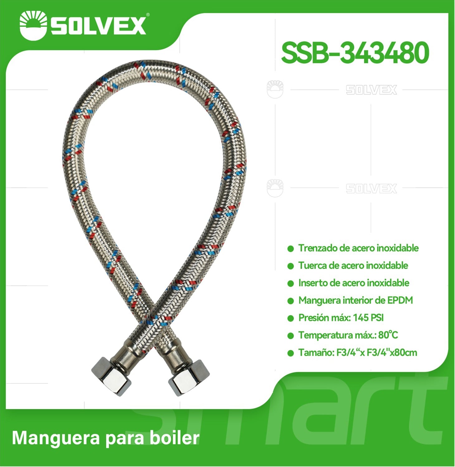 Manguera Flexible Para Boiler 80Cm. Tubo de Abasto Trenzado en Acero Inoxidable Para Calentadores H3/4" x H3/4".