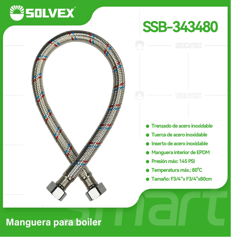 Manguera Flexible Para Boiler 80Cm. Tubo de Abasto Trenzado en Acero Inoxidable Para Calentadores H3/4" x H3/4".