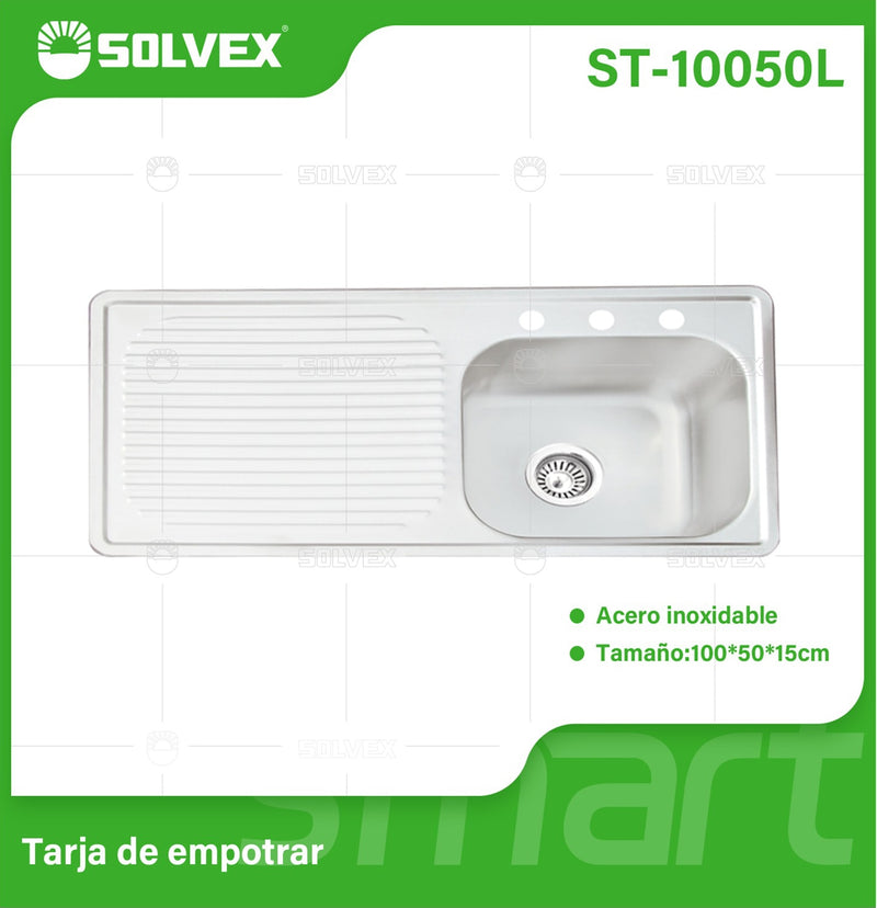 fregador de Cocina Empotrable 100x50x15cm. Acero Inoxidable con Tina y Escurridor. Superficie Cepillada.
