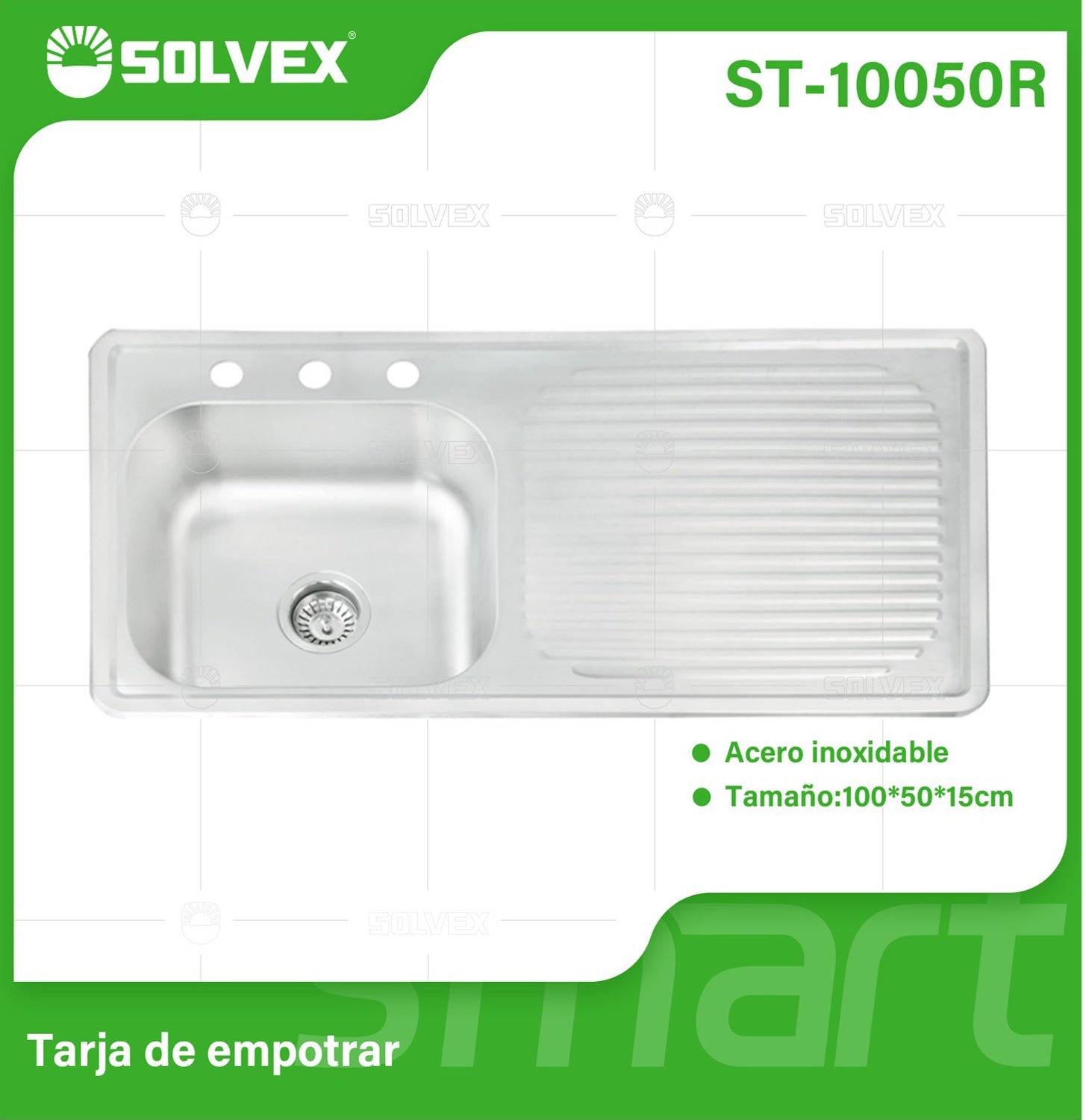 fregador de Cocina Empotrable 100x50x15cm. Acero Inoxidable con Tina Izquierda. Escurridor Superficie Cepillada.