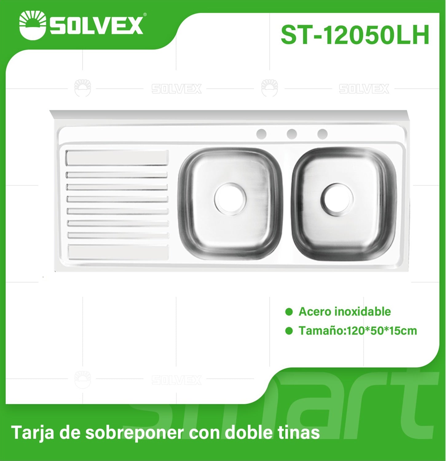 fregador de Cocina Doble Tina 120x50x15cm. Acero Inoxidable con Escurridor y 3 Orificios. Superficie Cepillada.