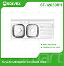 fregador de Cocina Doble Tina 120x50x15cm. Acero Inoxidable con Escurridor Derecho y 3 Orificios Superficie Cepillada.