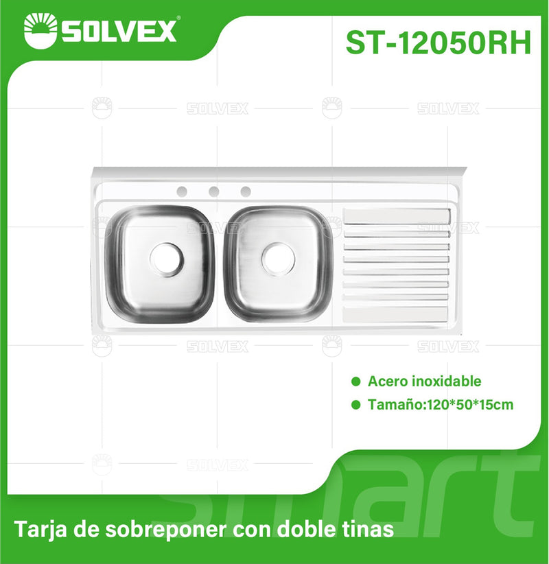 fregador de Cocina Doble Tina 120x50x15cm. Acero Inoxidable con Escurridor Derecho y 3 Orificios Superficie Cepillada.