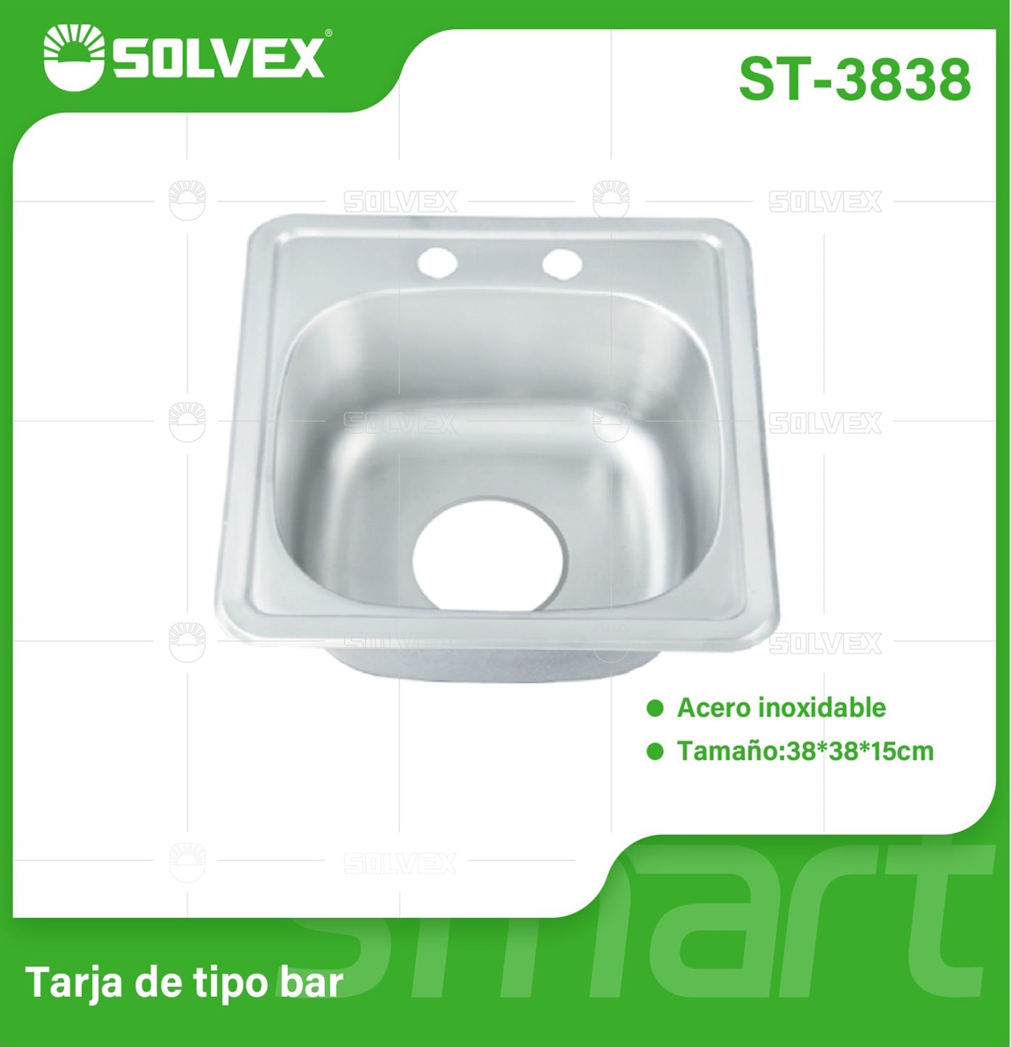 fregador de Cocina Tipo Bar 38x38x15cm. Acero Inoxidable con 2 Orificios. Superficie Cepillada.