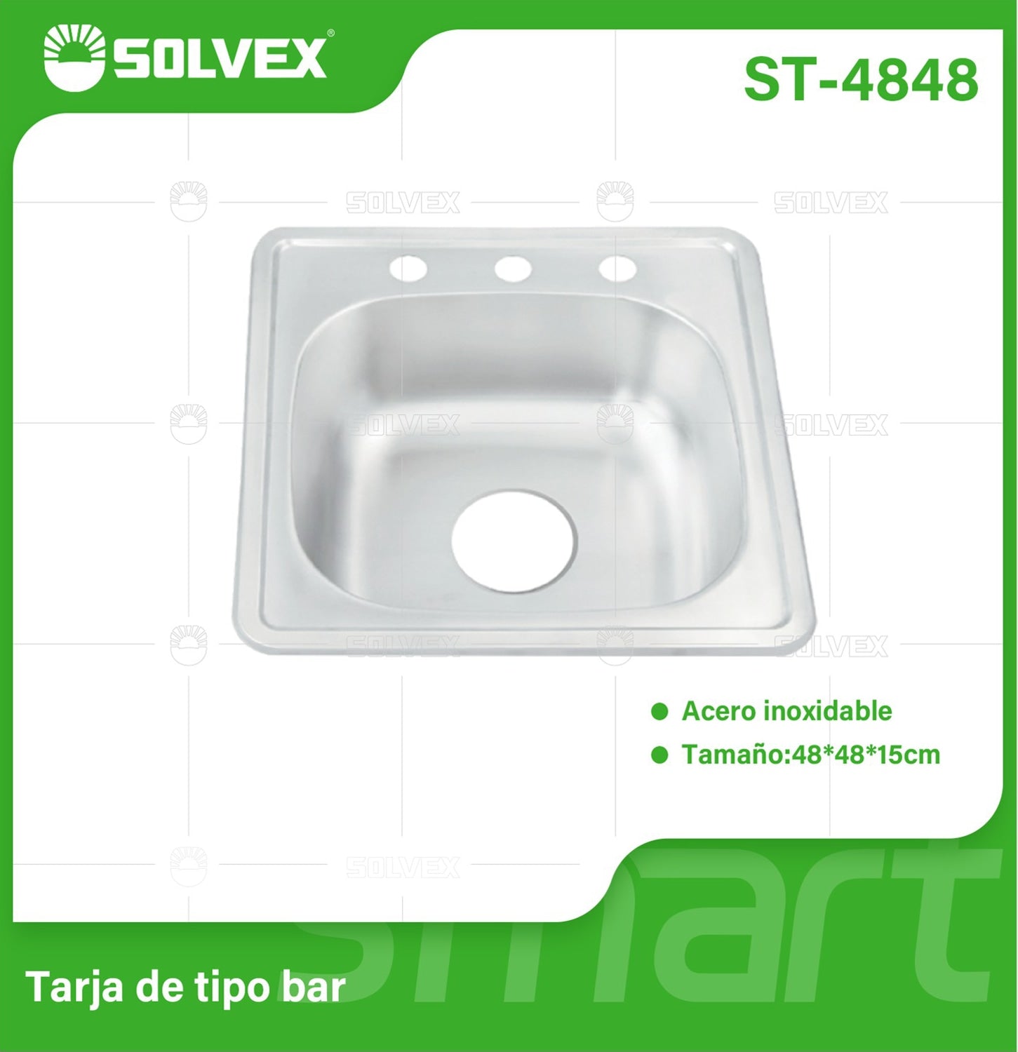 fregador de Cocina Tipo Bar 48x48x15cm. Acero Inoxidable con 3 Orificios para Grifo. Superficie Cepillada.
