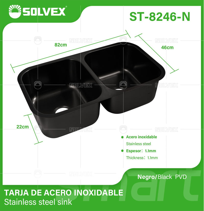 fregador de Cocina Doble 82x46x22cm. Acero Inoxidable. Color negro.
