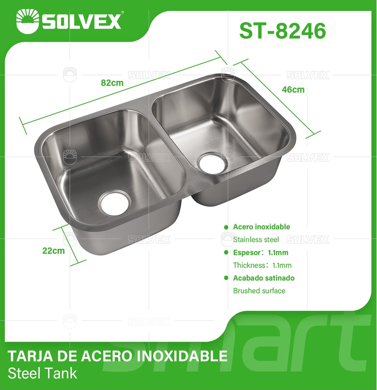fregador de Cocina Doble 82x46x22cm. Acero Inoxidable. Superficie Cepillada.