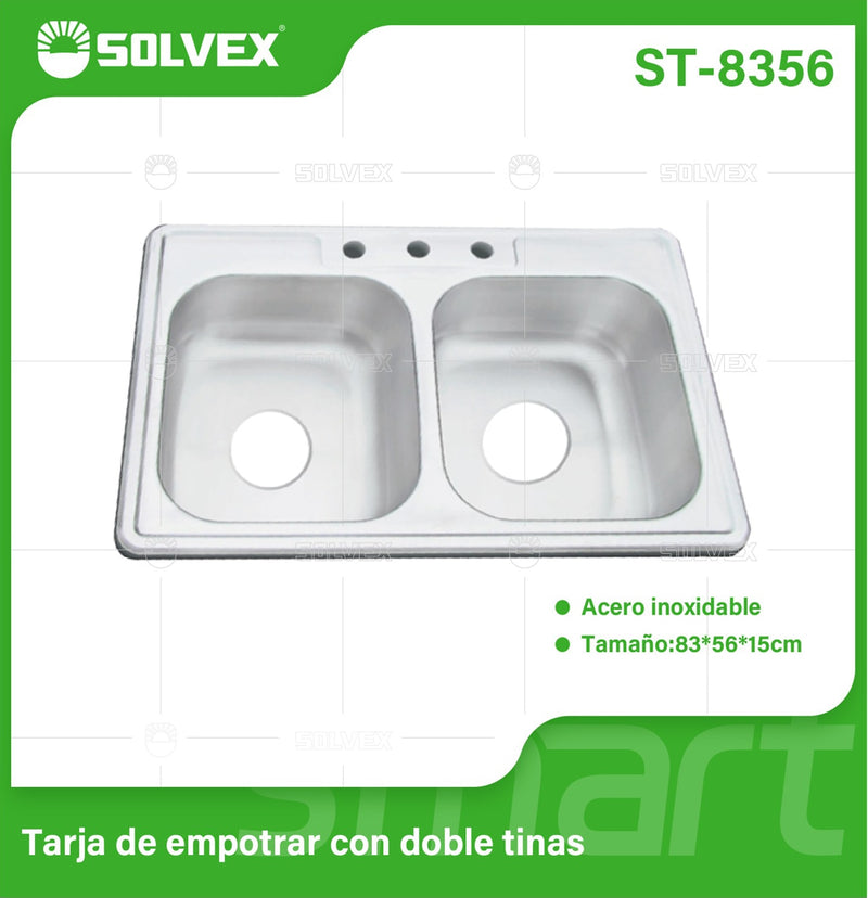 fregador de Cocina Doble Tina 83x56x15cm. Acero Inoxidable con 3 Orificios para Grifo. Superficie Cepillada.