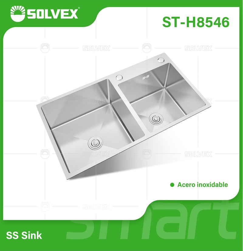 fregador de Cocina Empotrable con Doble Tina 85x46x22cm. Acero Inoxidable con superficie cepillada.