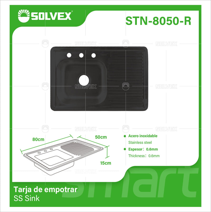 fregador de Cocina Empotrable 80x50x15cm. Acero Inoxidable. Color Negro.