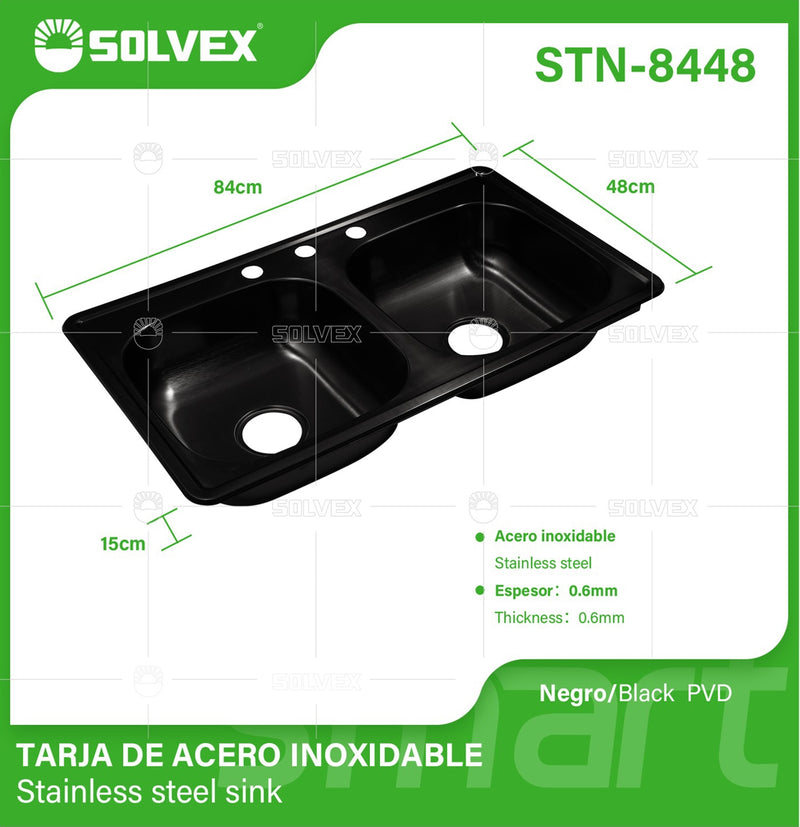 fregador de Cocina Empotrable con Doble Tina 84x48x15cm. Acero Inoxidable. Color Negro.