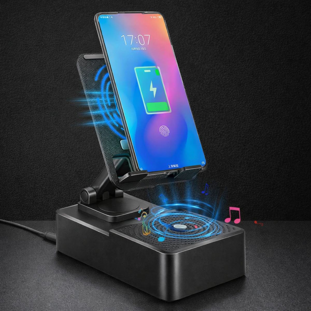 Power Bank Multifunción 3 en 1. Cargador Portátil para Celular smartphone. Soporte Ajustable con Bocina Bluetooth Integrada.