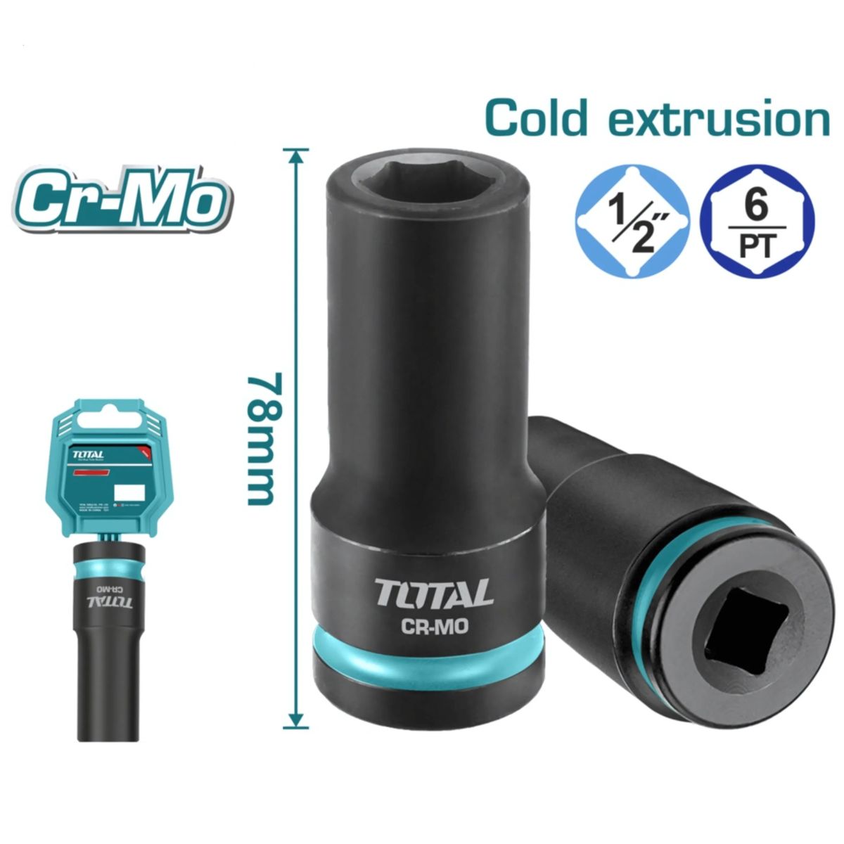 Dados Sockets de impacto profundo 1/2". Material Cr-Mo. Largo: 78mm.
