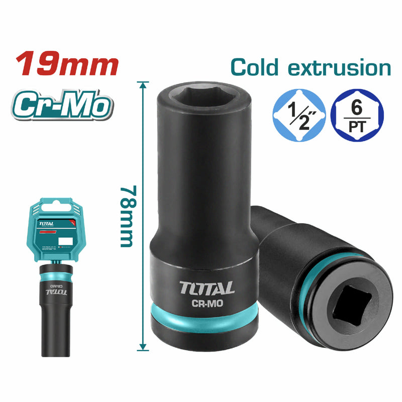 Dado Socket de impacto profundo 1/2" – 19mm. Material Cr-Mo. Largo: 78mm (Unidad)