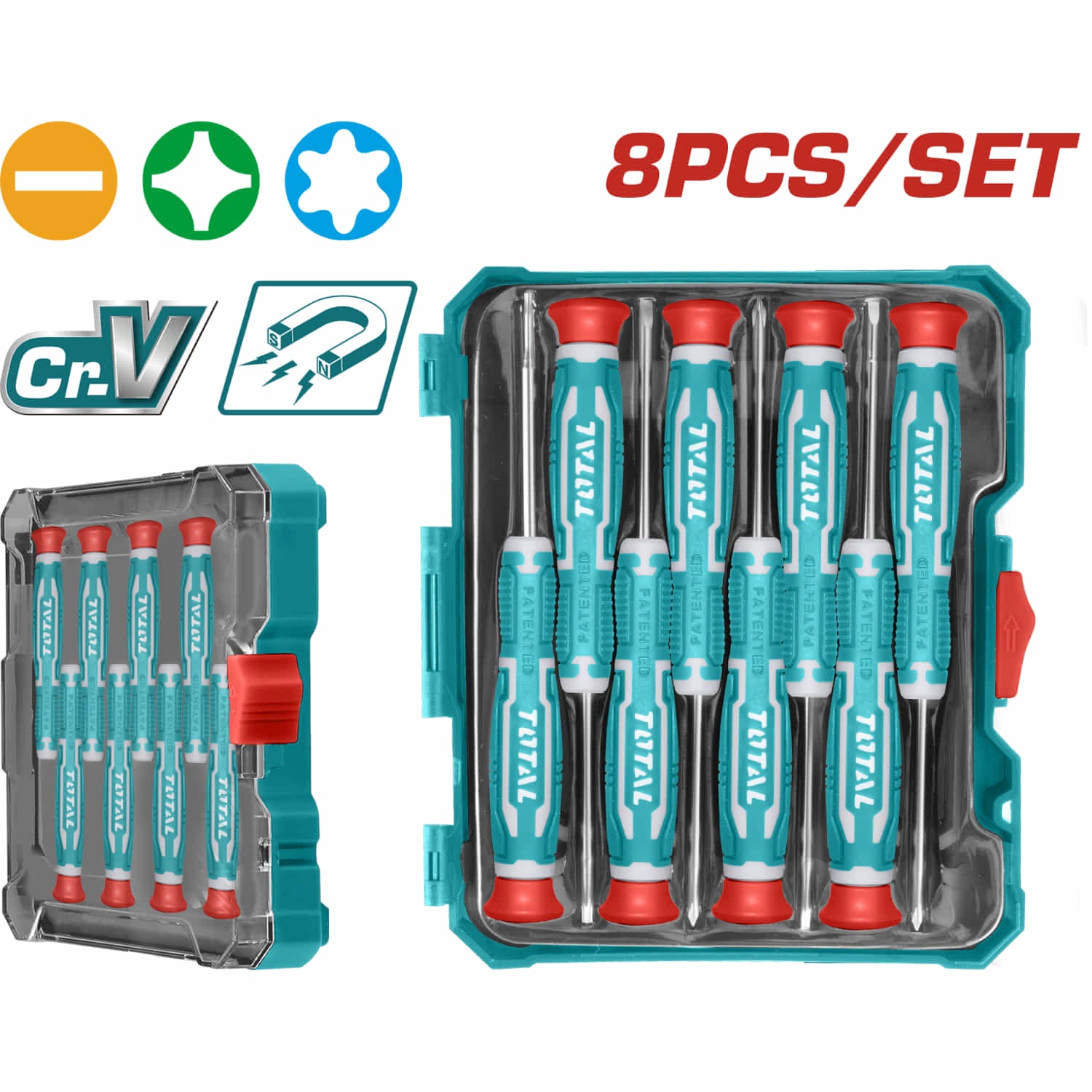 Destornilladores de precisión Cr-v. Magnéticos. Set de 8 piezas.