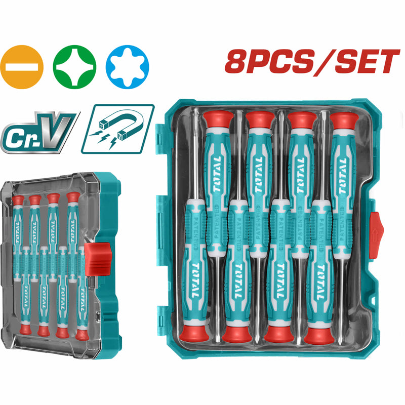 Destornilladores de precisión Cr-v. Magnéticos. Set de 8 piezas.