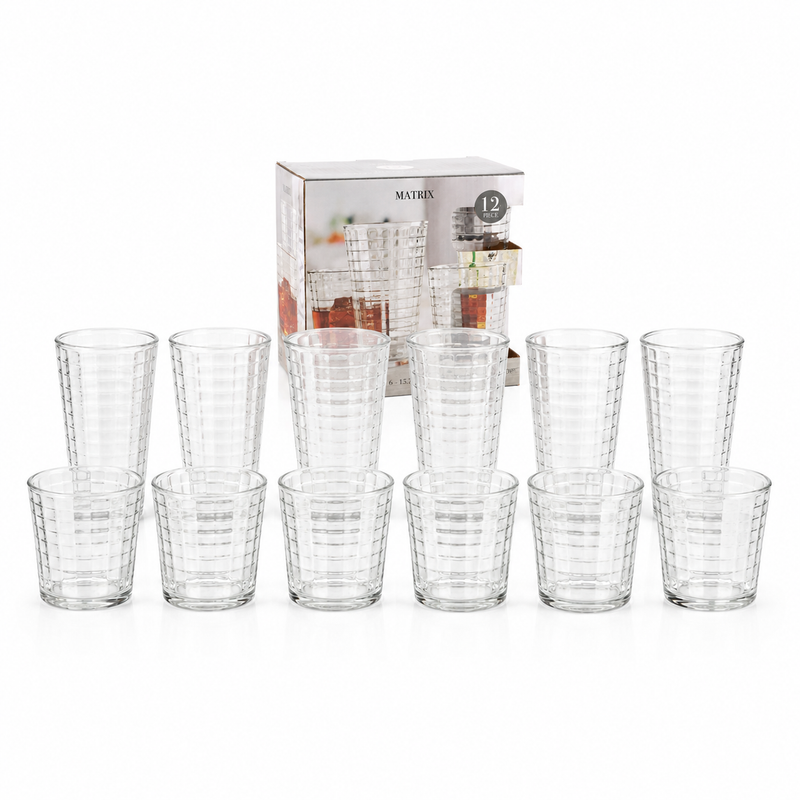 Vasos Transparentes de Vidrio con Diseño Cuadriculado (Set de 12). Incluye 6 Vasos Altos y 6 Vasos de Whisky. Ideal para Agua, Bedidas y Cocteles.