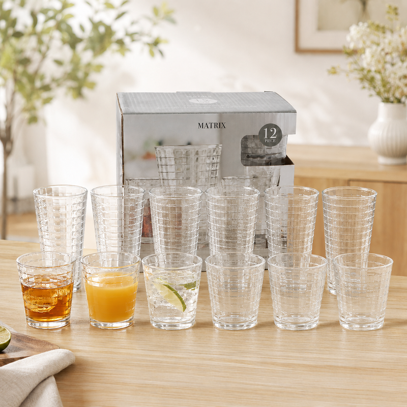 Vasos Transparentes de Vidrio con Diseño Cuadriculado (Set de 12). Incluye 6 Vasos Altos y 6 Vasos de Whisky. Ideal para Agua, Bedidas y Cocteles.