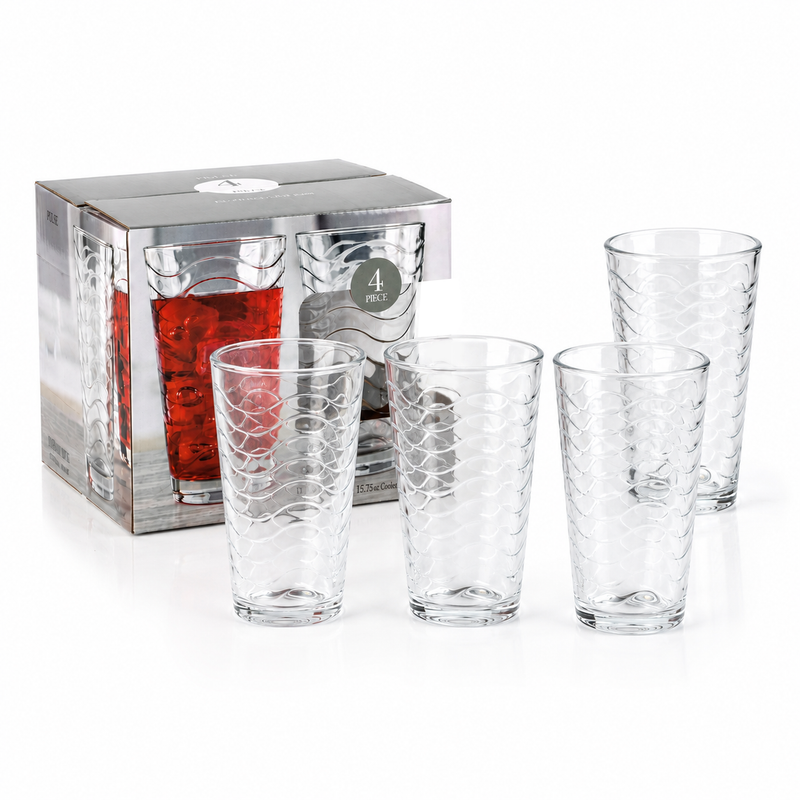 Vasos Altos de Vidrio Transparentes de 15.75Oz (460ml) para Bebidas Agua Cocteles. Diseño de Ondas (Set de 4)