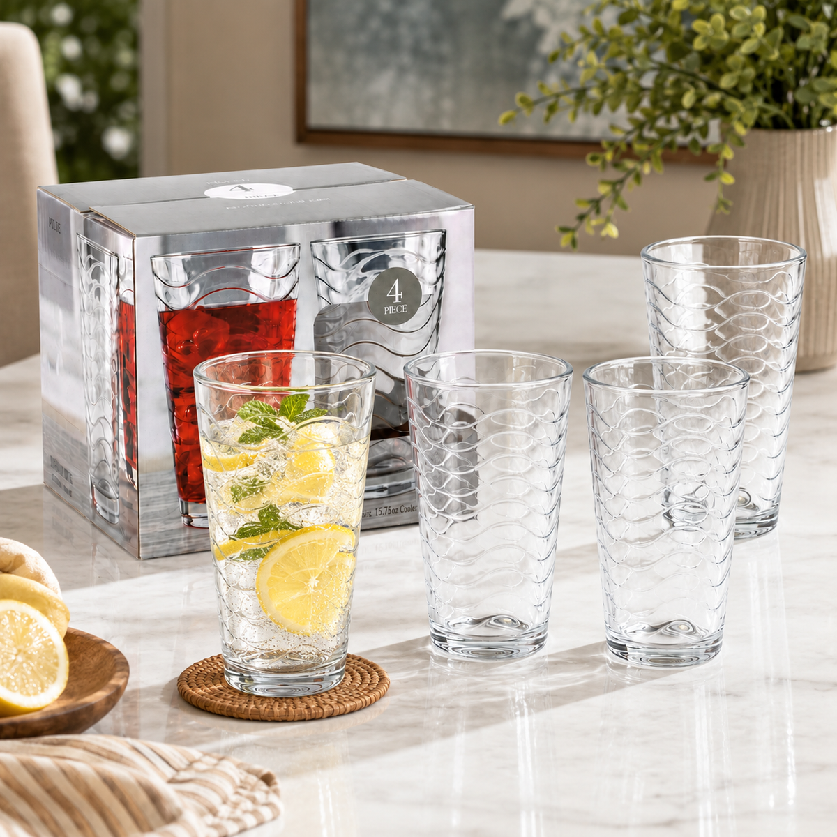 Vasos Altos de Vidrio Transparentes de 15.75Oz (460ml) para Bebidas Agua Cocteles. Diseño de Ondas (Set de 4)