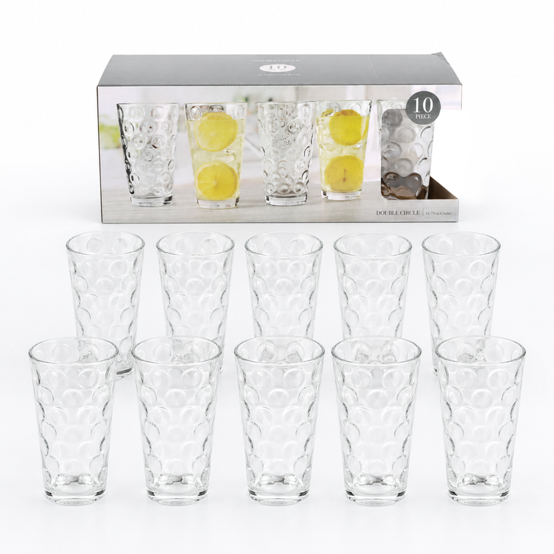 Vasos Altos de Vidrio Transparentes de 15.75Oz (460ml) para Bebidas Agua Cocteles. Diseño de Círculos (Set de 10)
