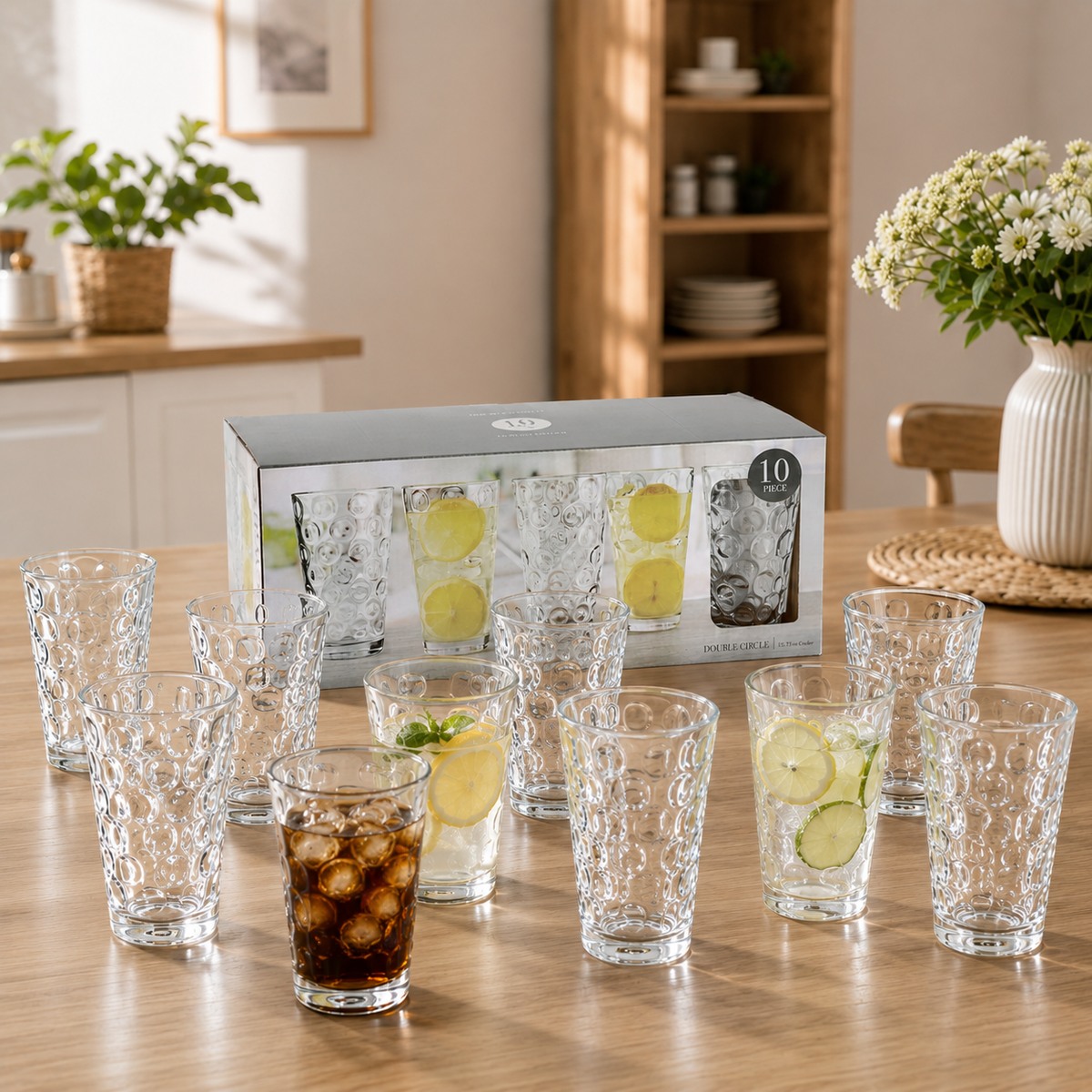 Vasos Altos de Vidrio Transparentes de 15.75Oz (460ml) para Bebidas Agua Cocteles. Diseño de Círculos (Set de 10)