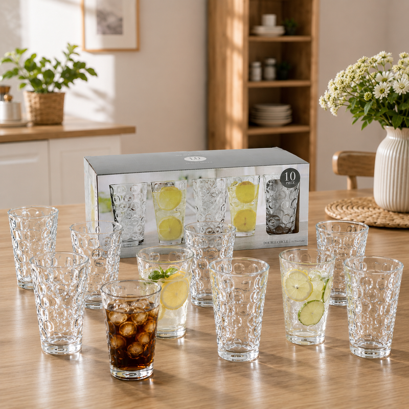 Vasos Altos de Vidrio Transparentes de 15.75Oz (460ml) para Bebidas Agua Cocteles. Diseño de Círculos (Set de 10)