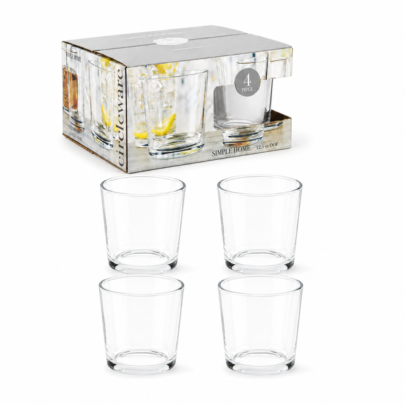 Vasos Transparentes de Vidrio 12.5Oz (370ml)  para Agua Bebidas Whisky y Cocteles (Set de 4)
