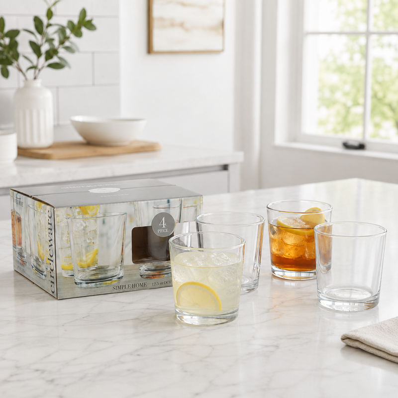 Vasos Transparentes de Vidrio 12.5Oz (370ml)  para Agua Bebidas Whisky y Cocteles (Set de 4)