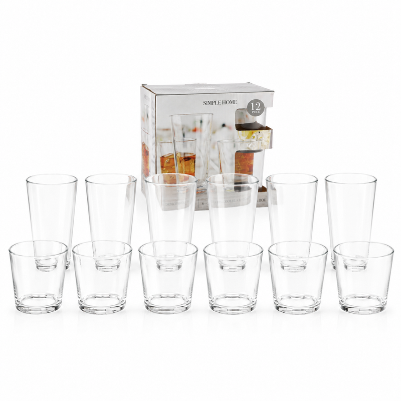Vasos Transparentes de Vidrio (Set de 12). Incluye  6 Vasos Altos y 6 Vasos de Whisky. Ideal para Agua, Bedidas y Cocteles.
