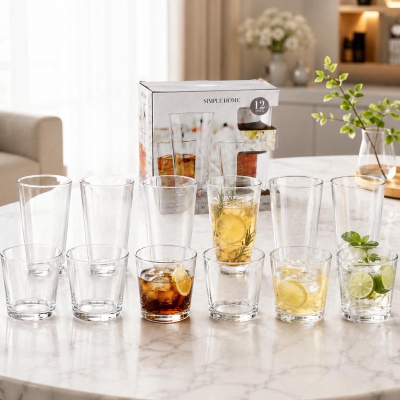 Vasos Transparentes de Vidrio (Set de 12). Incluye  6 Vasos Altos y 6 Vasos de Whisky. Ideal para Agua, Bedidas y Cocteles.