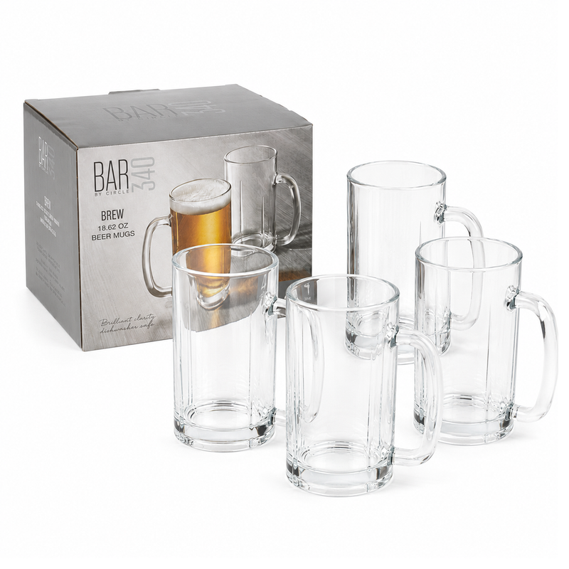 Vasos Cerveceros de Vidrio Transparentes de 18.62 Oz (550ml) . Jarras para Cerveza (Set de 4)